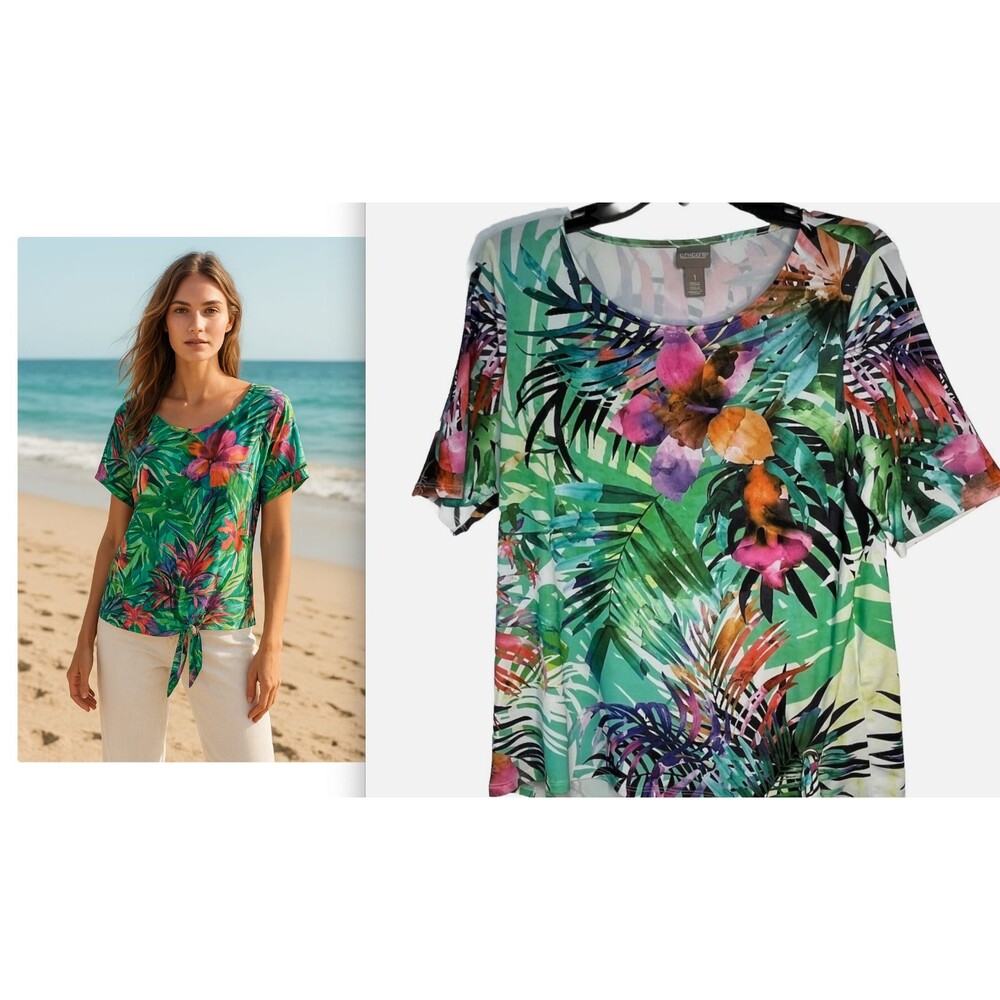 Chicos Tropical Hawaiian Floral Print blouse  1 Top M 6 8